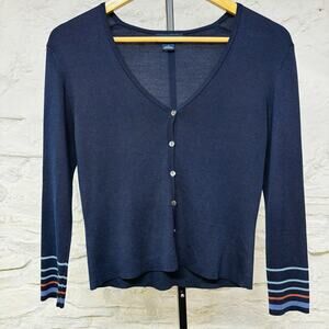 Ann Taylor Womens Sz S Sweater Cardigan Blue Striped Sleeves 100% Silk Button Up